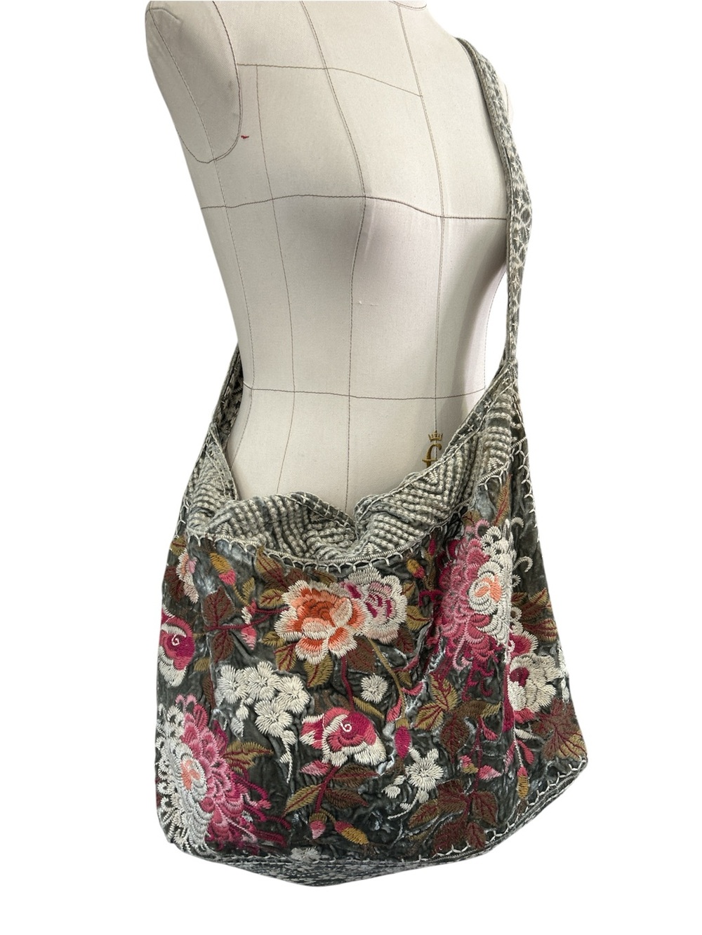 Johnny Was floral embroidered velvet silk blend tote bag